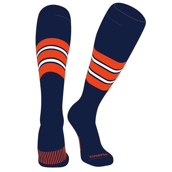 PEAR SOX Striped OTC Baseball, Softball, Football Socks (E) Navy, Orange, White (XL)
