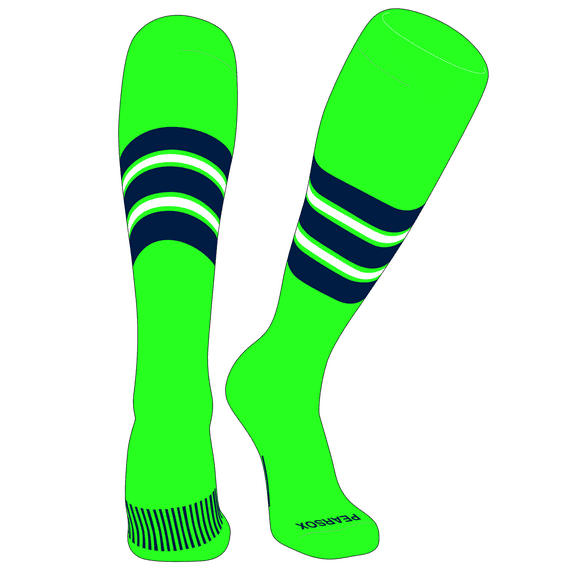 PEAR SOX Striped OTC Baseball, Softball, Football Socks (E) Neon Green, Navy, White (L)