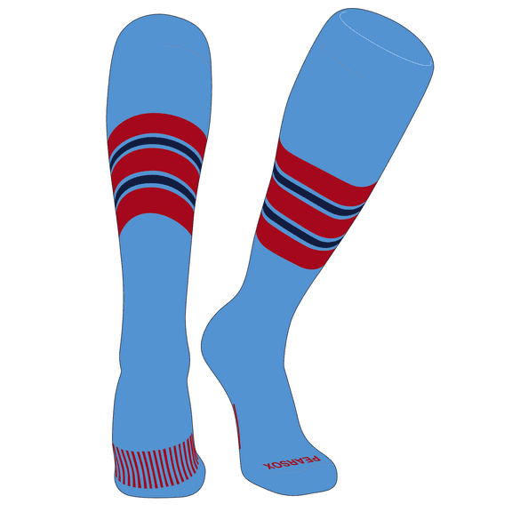 PEAR SOX Striped OTC Baseball, Softball, Football Socks (E) Sky Blue, Red, Navy (M)