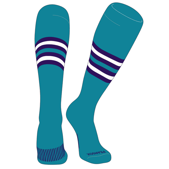 PEAR SOX Striped OTC Baseball, Softball, Football Socks (F) Marlin Teal, Purple, White (M)