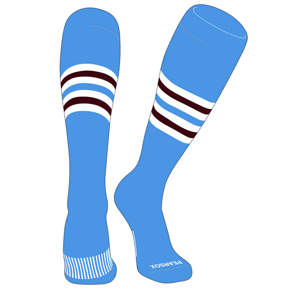 PEAR SOX Striped OTC Baseball, Softball, Football Socks (F) Sky Blue, White, Maroon (L)