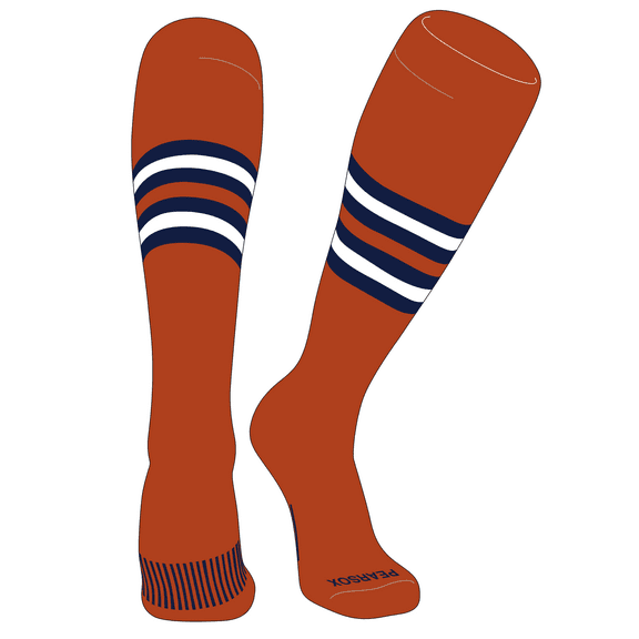 PEAR SOX Striped OTC Baseball, Softball, Football Socks (F) Texas Orange, Navy, White (L)