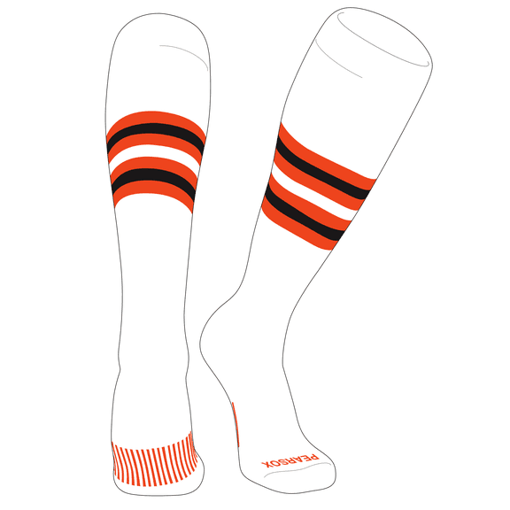 PEAR SOX Striped OTC Baseball, Softball, Football Socks (F) White, Orange, Black (L)