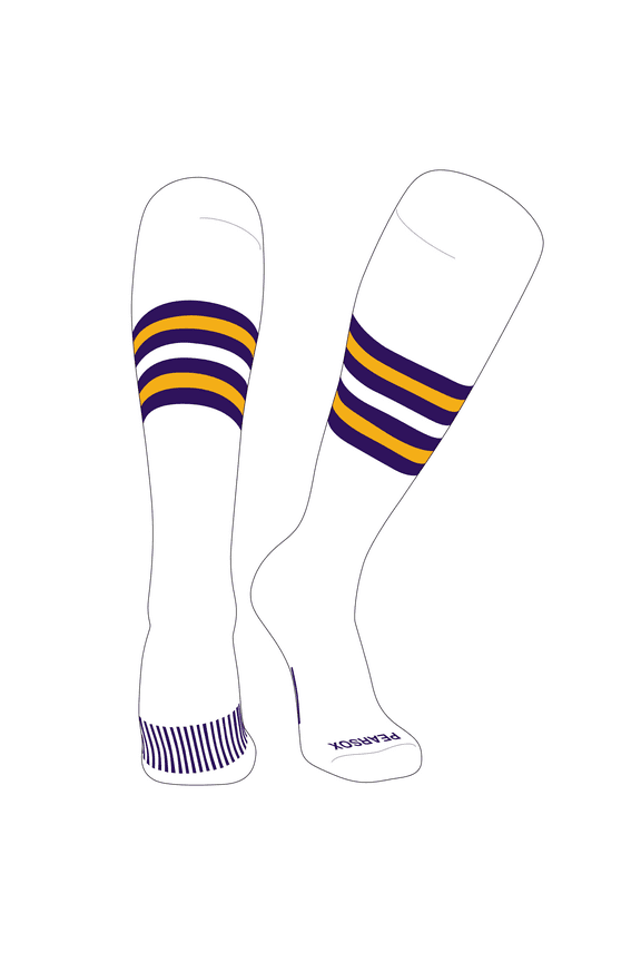 Striped OTC Baseball, Softball, Football Socks (F) White, Purple, Gold (XS)