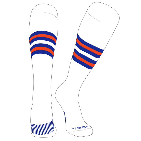 PEAR SOX Striped OTC Baseball, Softball, Football Socks (F) White, Royal, Orange (S)
