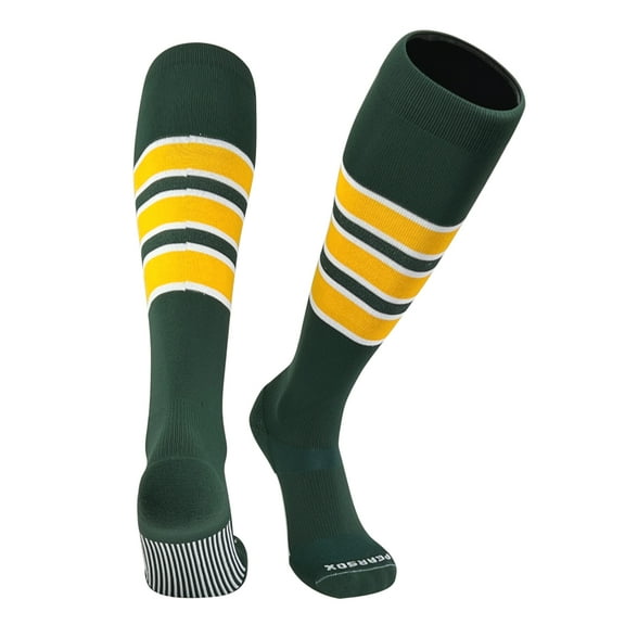 PEAR SOX Striped OTC Baseball, Softball, Football Socks - Forest Green, White, Gold (C) (S)