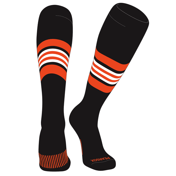 PEAR SOX Striped OTC Baseball, Softball, Football Socks (G) Black, Orange, White (L)