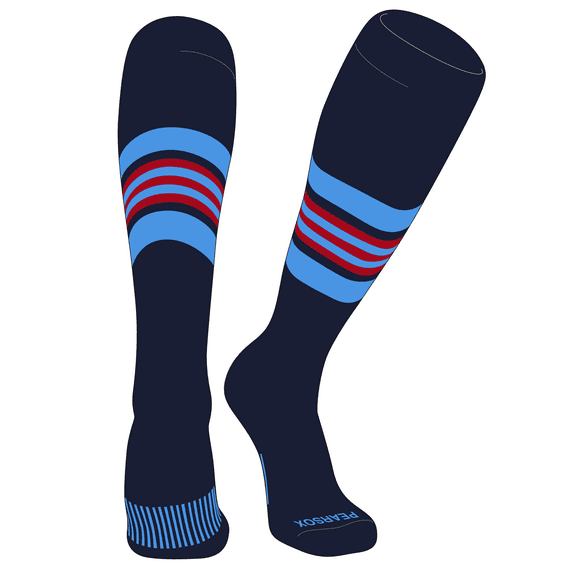 PEAR SOX Striped OTC Baseball, Softball, Football Socks (G) Dark Navy, Sky Blue, Red (L)