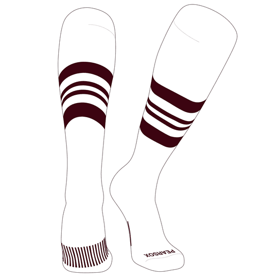 PEAR SOX Striped OTC Baseball, Softball, Football Socks (G) White, Maroon (M)