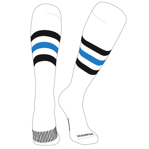 PEAR SOX Striped OTC Baseball, Softball, Football Socks (H) White, Black, Neon Blue (L)