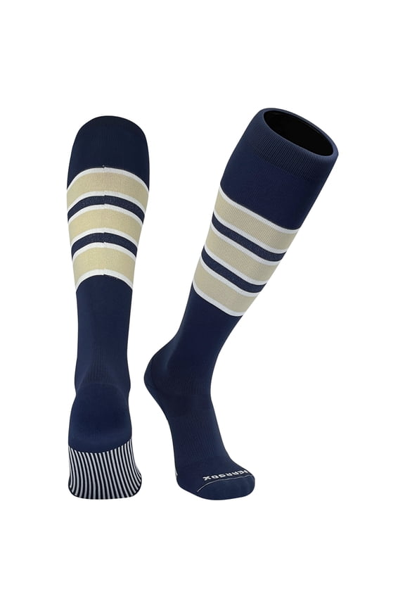 Striped OTC Baseball, Softball, Football Socks - Navy, White, Vegas Gold (C)