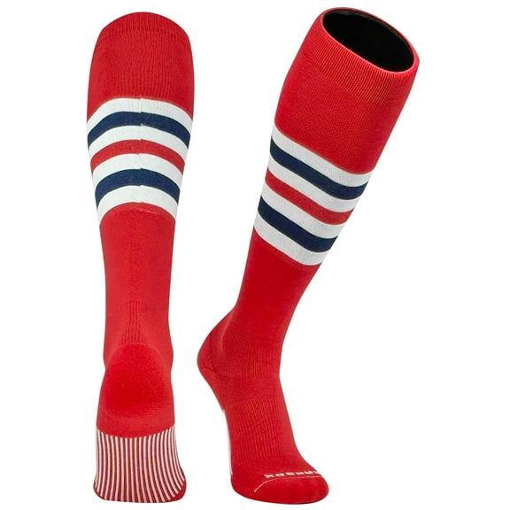 PEAR SOX Striped OTC Baseball, Softball, Football Socks - Red, White, Navy (F)