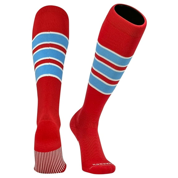 PEAR SOX Striped OTC Baseball, Softball, Football Socks - Scarlet Red, White, Sky Blue (C) (S)