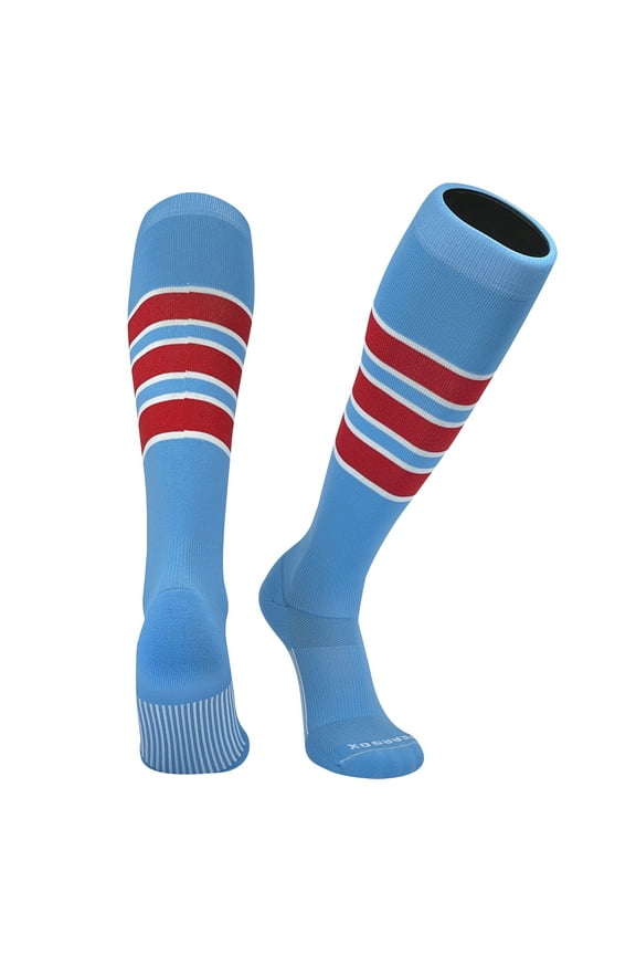 Striped OTC Baseball, Softball, Football Socks - Sky Blue, White, Scarlet Red (C) (XS)
