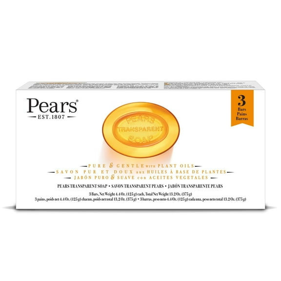 PEARS Soap, Face & Body Soap, Amber Value Pack - Pure & Gentle Transparent Bar Soap, Moisturizing Glycerin Soap with Natural Oils for Pampered, Glowing Skin, 3 Soap Bars, 13.2 Oz