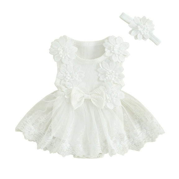 PEASKJP Baby Dresses Baby Girl Floral Romper Newborn Dress Ruffle playsuit Suspender Shorts Jumpsuit Cute Summer Clothes and Headband,0-3 Months White