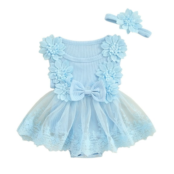 PEASKJP Baby Girl Clothes Baby Girl Romper Dress Floral Short Sleeve Ruched Jumpsuit Ruffle Bodysuit Headband Summer Outfits,6-12 Months Blue