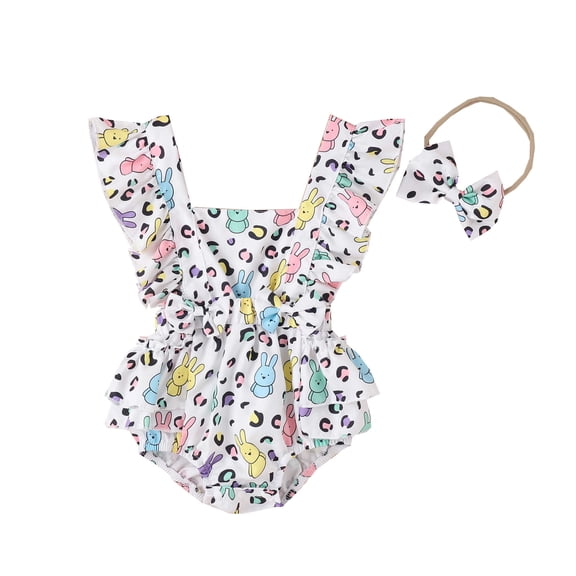 PEASKJP Baby Girl Romper Dress Ribbed Short Sleeve Bodysuit Floral Playsuit Summer Clothes (White,0-6 Months)