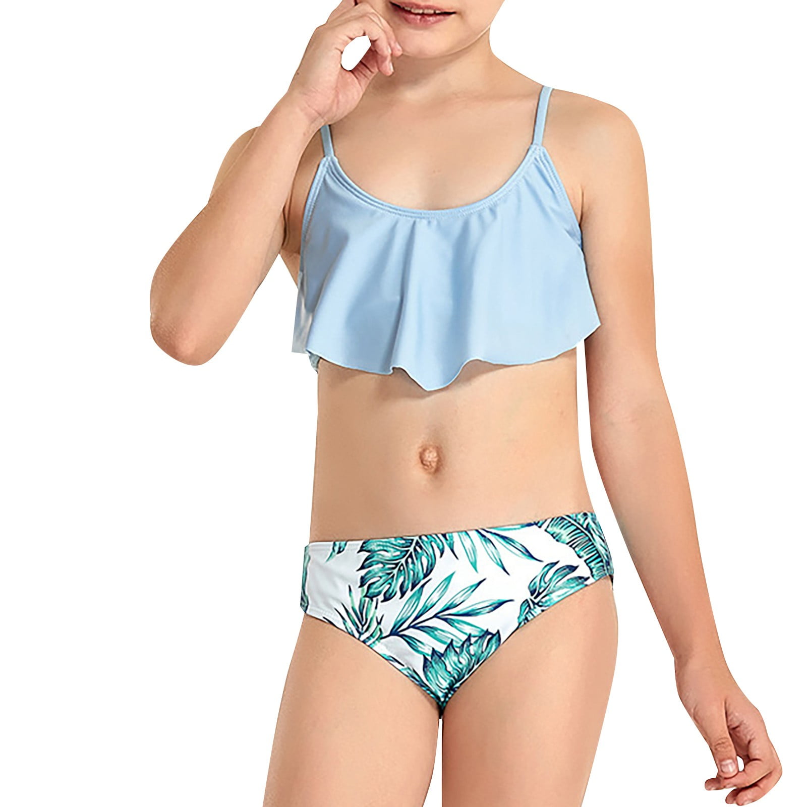 PEASKJP Baby Girl Swimsuit Girls One Shoulder Swimsuits Kids Two Piece Bathing Suits Ruffle Beach Swimwear Light Blue 9 10Years