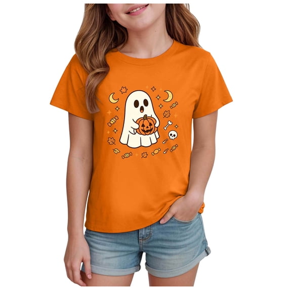 PEASKJP Baby Girl T Shirt T Shirts for Girl Graphic Girl's Short Sleeve Pocket T Shirt Halloween Shirts (Orange,9-10 Years)