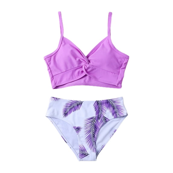 PEASKJP Bathing Suit Girls Two Piece Swimsuit Floral Halter Ribbed Girls Swimsuits Purple, Size 9-10 Years