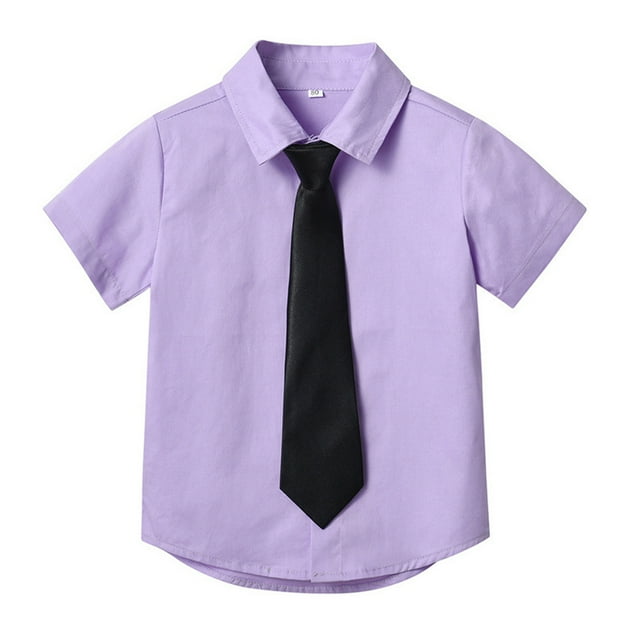 PEASKJP Boys Short Sleeve Dress Shirt and Tie Set Collared Button-Down Uniform Shirts for Kids,Purple 3-4 Years