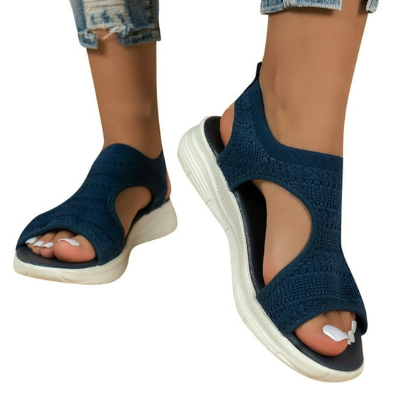 PEASKJP Comfortable Sandals for Women Wedge Sandals for Women Cutout Peep Toe Mid Heel Rhinestones Fashion Breathable Beach Sandals (Blue,8.5)