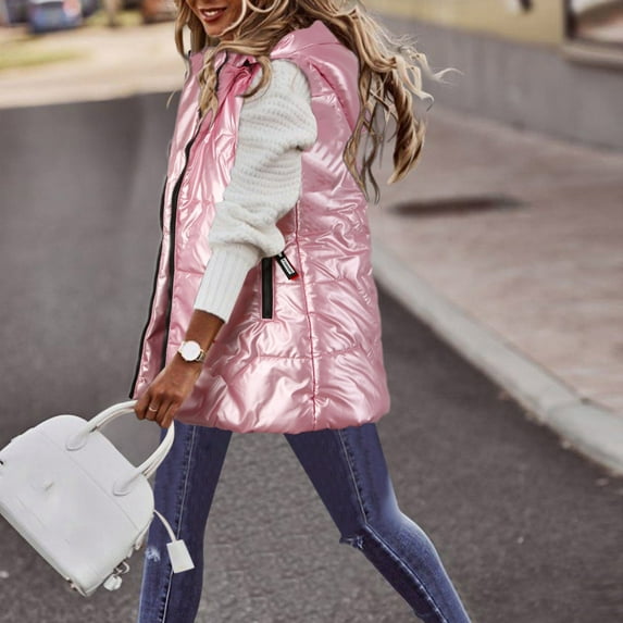 PEASKJP Cropped Puffer Vest Women's Crop Padded Vest Stand Collar Lightweight Sleeveless Puffer Zip Up Gilet Outerwear (Pink,XXL)