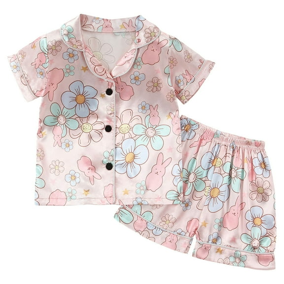 PEASKJP Cute Pjs for Girls Girls Button Front Top and Shorts Pajama Set, 2-Piece,Light Pink 3-4 Years