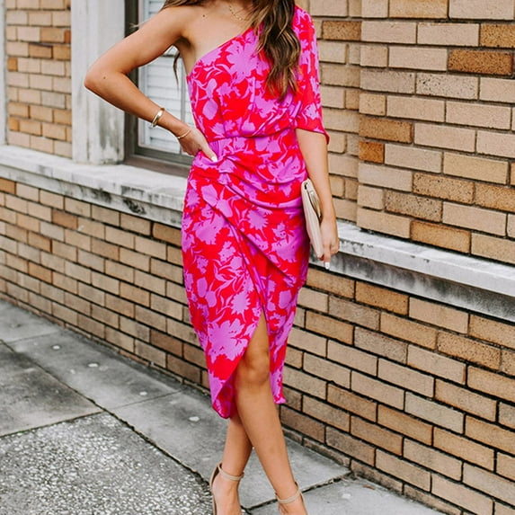 PEASKJP Dress for Women Sleeveless One Shoulder Bodycon Dress DressFitted Party Mini Dress Hot Pink L
