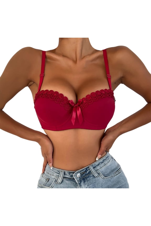 Lace Underwire Push Up Bra Demi Cup Smooth T Shirt Bra For Women Comfortable Adjustable Straps Support bras for women wirefree,Bras for Women No Underwire Bras for Women womens(Red,M)