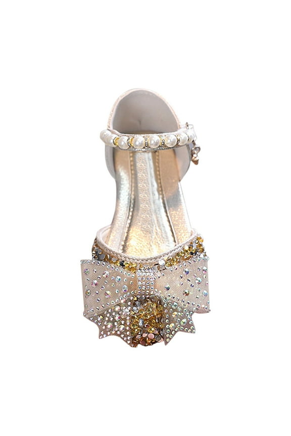 Flower Girl Shoes Mary Jane Front Bow Heart Rhinestone Buckle Ballerina Flat (Toddler/Little Girl),Gold 3