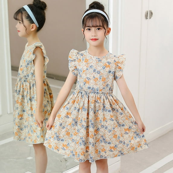 PEASKJP Formal Dresses for Girls Toddler Girls Summer Short Sleeve Floral Floral Flowy Princess Dress Sundress Casual Dresses for Girls Beige 3-4 Years