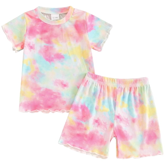 PEASKJP Girl Summer Short Sets Girls Summer Tops and Shorts Set Cute Color Block Two Piece Outfits Casual with Side Pockets,Size 12-18M