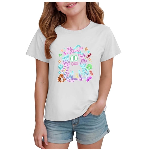 PEASKJP Girl T Shirt Girls T Shirt Girls Shirts Short Sleeve Tee T Shirts Summer Casual Tops Halloween Shirts (White,11-12 Years)