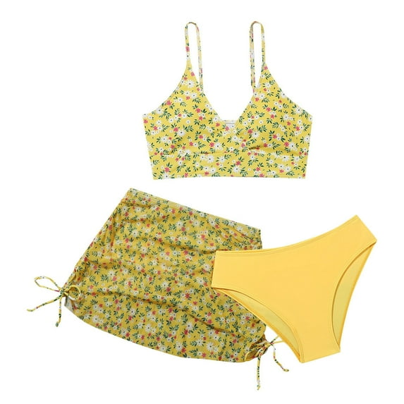 PEASKJP Girl's 3 Piece Cute High Waisted Ruffle Trim Swimsuit Bikini Sets with Beach Skirt (Yellow,7-8 Years)