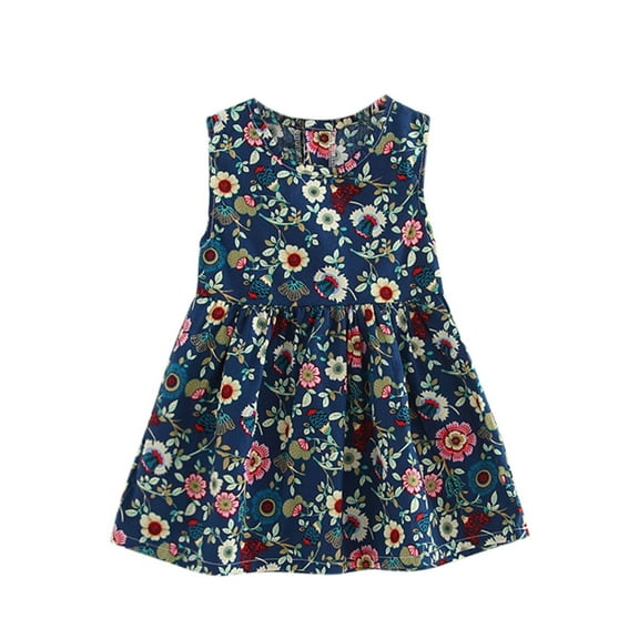 PEASKJP Girl's Sun Dresses Crew Neck Floral Boho Sleeveless A-Line Flowy Princess Dresses Dark Blue 110