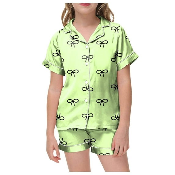 PEASKJP Girls 2 Pieces Pajamas Sets Silk Satin Sleepwear Button Down Short Sleeve Pjs Outfits2T 3T 4T 5T 6-13 Years,Light Green 6-7 Years