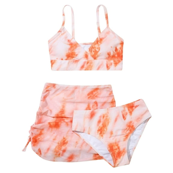 PEASKJP Girls 3 Piece Bikini Swimsuits Bathing Suit Floral Swimwear with Cover Up Beach Skirt (Orange,11-12 Years)