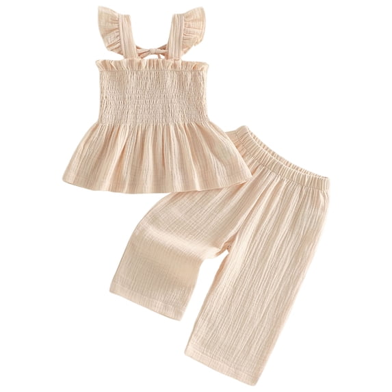 PEASKJP Girls Clothes Summer 2 Piece Outfit Set Crinkle Textured Top Wide Leg Pants Summer Outfits Set,Size 4-5 Years