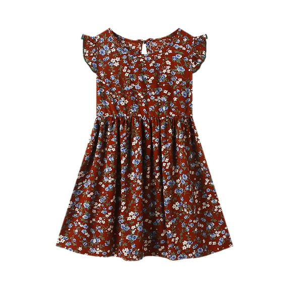 PEASKJP Girls Dresses Summer 2023 Round Neckline Floral Prints Ruffle Hem Sleeve Relaxed Fit A-Line Foraml Dresses Brown 140
