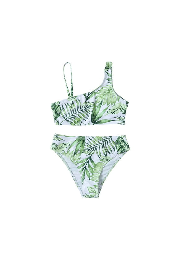 Girls High Waisted Swimsuits Halter Beach Ruffle Bikini Tankinis Set,2 Piece,Green Sizes 4-14