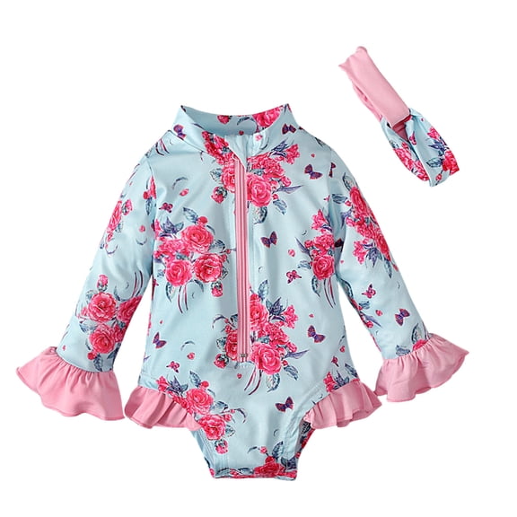 PEASKJP Girls High Waisted Swimsuits Quick Dry Tie Dye Ribbed Beachwear Ruffle Trim Swimsuit Coverup for Girl Sky Blue 120