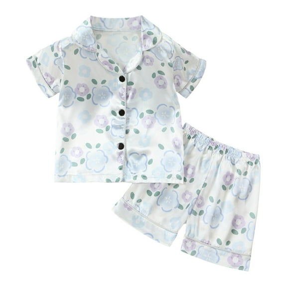 PEASKJP Girls Pjs Toddler Baby Girls Boys 2Pcs Pajamas Set Summer Short Sleeve Lapel Button Shirt Shorts Set Sleepwear,Purple 5-6 Years