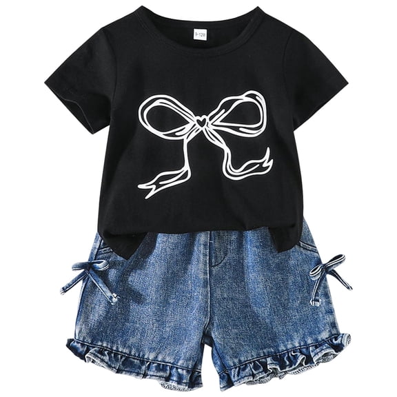 PEASKJP Girls Shorts Sets 2 Piece Outfits Summer Girls 2 Piece Outfit Ruffle Trim Tee Top with Paperbag Waist Shorts Set,Size 6-9 Months