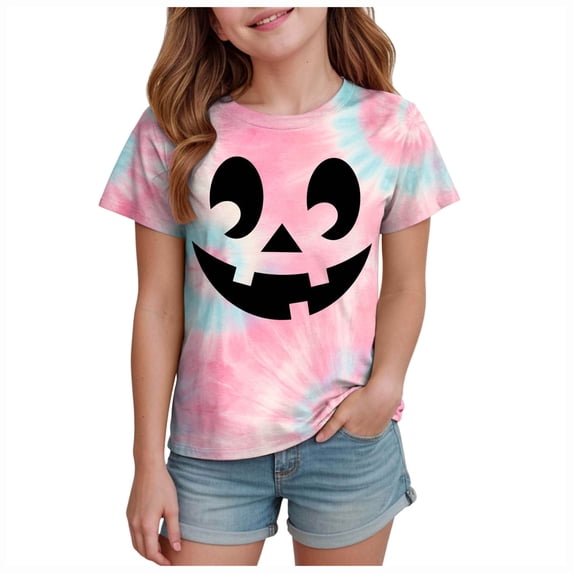 PEASKJP Girls T Shirts Short Sleeve Girl's Short Sleeve Crewneck T Shirt Halloween Clothes (Light Pink,6-7 Years)