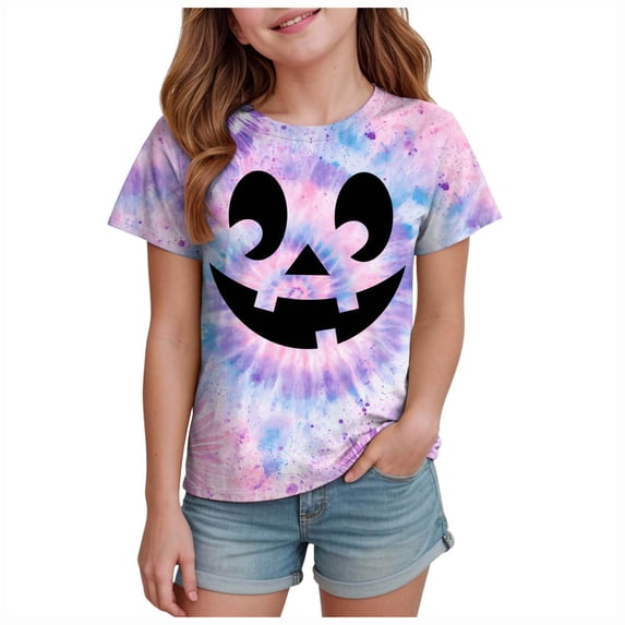 PEASKJP Girls T Shirts Short Sleeve Girl's Short Sleeve Crewneck T Shirt Halloween Clothes (Light Purple,1-2 Years)