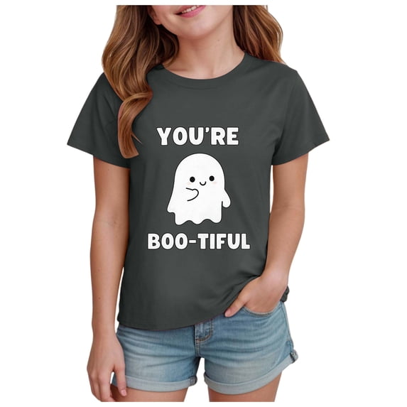 PEASKJP Girls T Shirts T Shirt for Girls Short Sleeve Classic Summer Casual Halloween Shirts (Grey,11-12 Years)