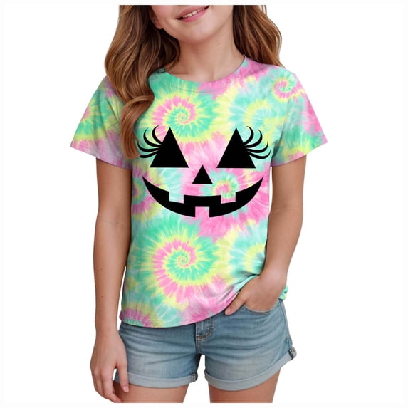 PEASKJP Girls Tops Short Sleeve Girls T Shirt Graphic Casual Fashion Tee Shirts T Shirt Halloween Tops (Light Green,6-7 Years)