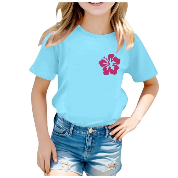 PEASKJP Graphic Tees for Teens Girls Girls Graphic Short Sleeve T Shirts Toddler to Big Kid (Light Blue,8-9 Years)